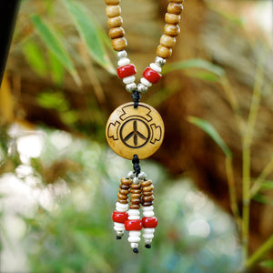 Peace Symbol Mala Bead Half Size Necklace | Natural red accent beads